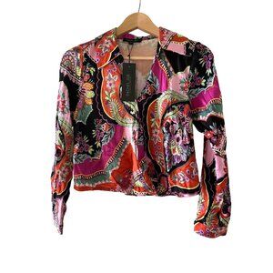 Rachel Zoe Cropped Wrap Top Collared Blouse Floral Black Boho Multi Size XS New